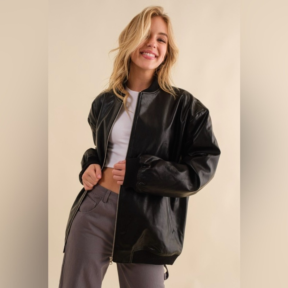 Oversized faux leather bomber jacket